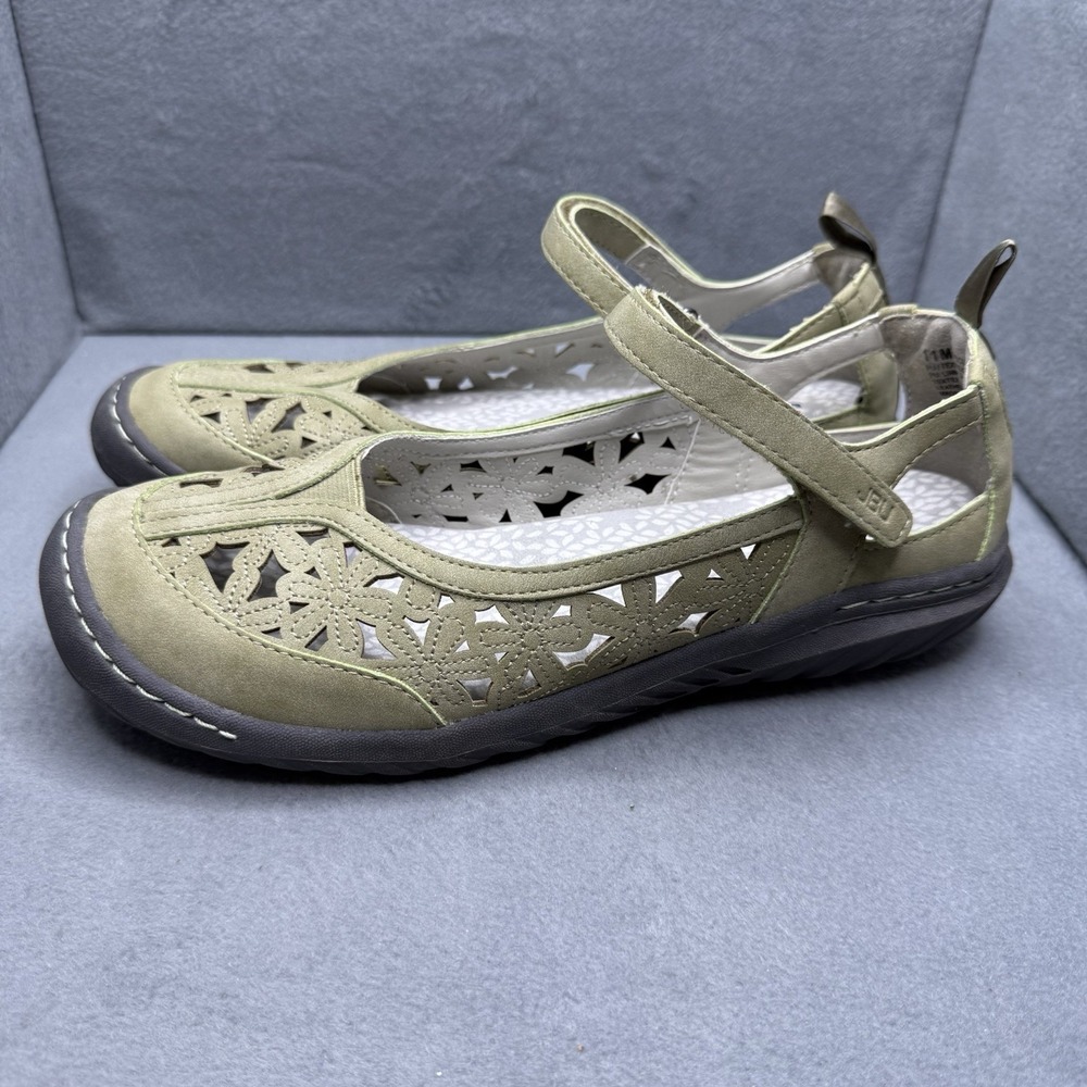 JBU by Jambu Hibiscus Women's 11M Sage Green Floral Cutout Mary Jane Flats